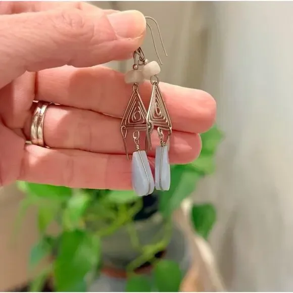 Artisan Geometric Silver Toned Dangle Spiral Triangle Blue Chalcedony - Picture 5 of 9